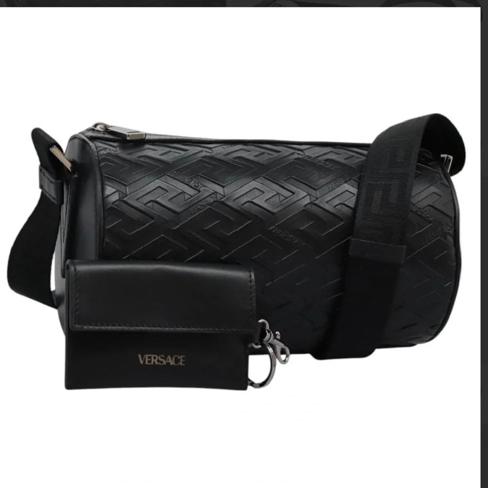 VERSACE 2-1 Shoulder Bag Leather Black Silver & attached cardholder unisex